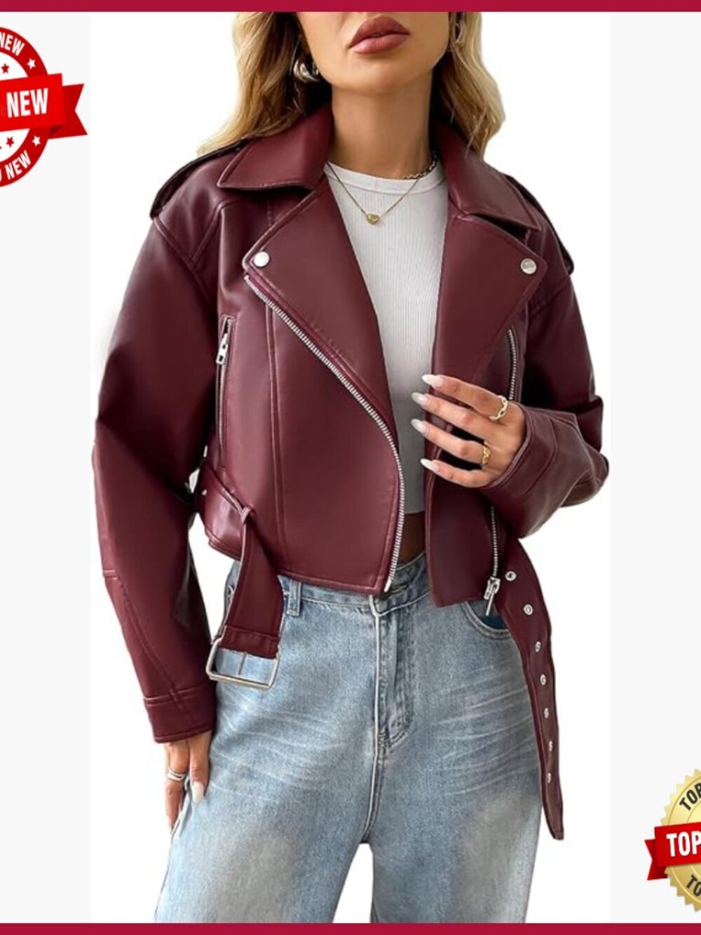 Faux Leather Cropped Biker Jacket with Belt, Women's Vegan Motor Coat